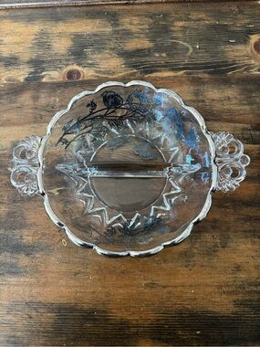 Clear Glass Divided Serving Dish with Floral Etching